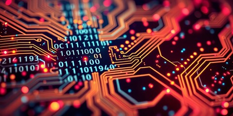Abstract glowing circuit board, binary code, digital data streams, board, design