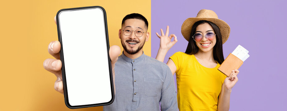 Two friends pose happily against colorful backgrounds. One holds a smartphone while the other shows travel tickets, showcasing excitement and anticipation for their upcoming adventure. - Powered by Adobe