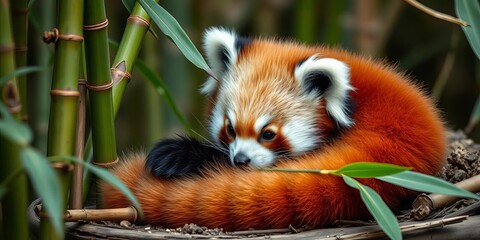 Adorable red panda cub nestled in bamboo, fluffy tail curled,  red,  wildlife