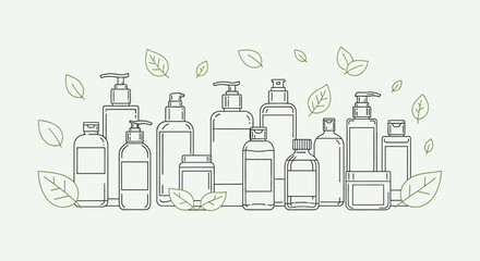 Line art collection of various cosmetic and beauty product bottles with leaves