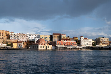 Chania Old Town waterfront in winter sunlight