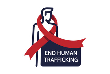 A graphic illustration featuring a stylized human figure with a red awareness ribbon bearing the text 'END HUMAN TRAFFICKING' against a white background.