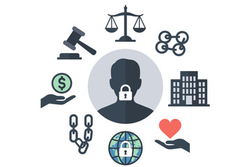 A conceptual illustration depicting a person's restricted freedom or privacy surrounded by icons representing law, finance, technology, government, and social issues.
