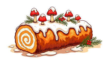 Frosted sponge roulade with woodland aesthetic for holiday feast on transparent background