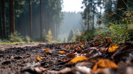 Forest path with fallen leaves and dew drops on grass.