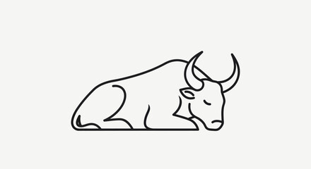 Minimalist Line Art of a Resting Bull with Prominent Horns.