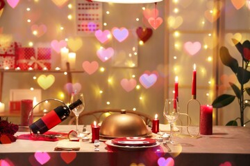 Table setting for Valentine's Day in dark dining room with glowing lights