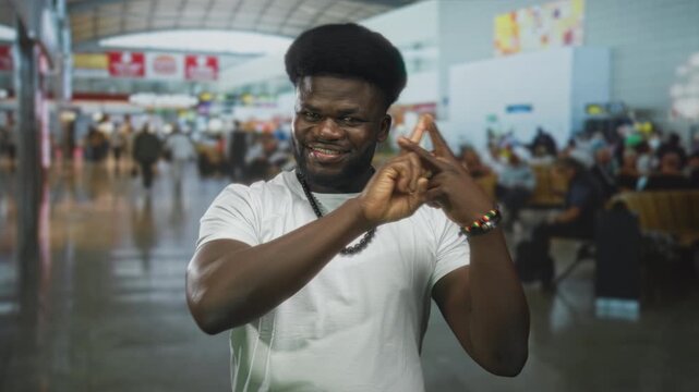 Young african american man making a finger triangle gesture while smiling in a busy airport terminal with blurred passengers and seating; playful confidence.
