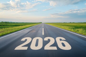 Open road stretching into the distance with 2026 painted on asphalt, symbolizing a new year, future, and moving forward