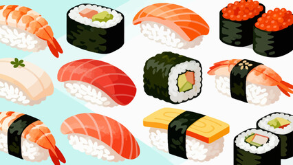 This vibrant illustration displays a variety of Japanese sushi (including nigiri, maki rolls, and tobiko-topped pieces) arranged neatly, featuring fresh ingredients like salmon, avocado © Canis