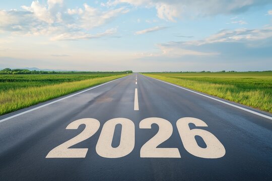Open road stretching into the distance with 2026 painted on asphalt, symbolizing a new year, future, and moving forward