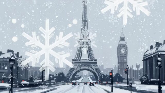 Paris and London city street with snowfall and cars in winter. Holiday travel and Christmas season.