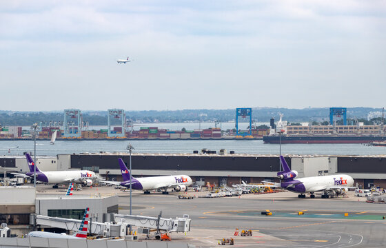Aerial view of FedEx cargo aircraft parked at cargo facility at Boston's Logan International Airport - Boston, Massachusetts, USA