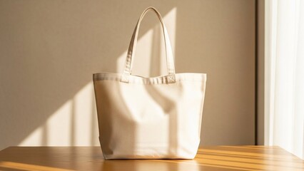 Premium cream cotton tote bag front-view on light wood tabletop, beige background, diffused window sunlight product photography for lifestyle branding
