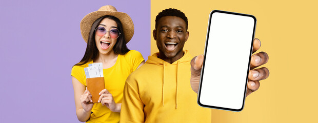 Two cheerful individuals stand against colorful backdrops. One holds a smartphone while the other displays travel documents, embodying excitement for their upcoming adventure.