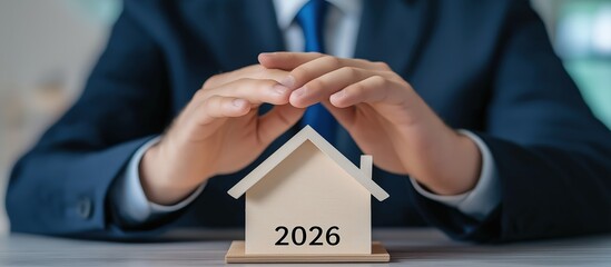Businessman's hands covering a miniature house with 2026 written on it, symbolizing future home protection and real estate investment