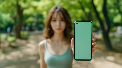 女性アスリートがスマホ画面を提示するアウトドアシーン