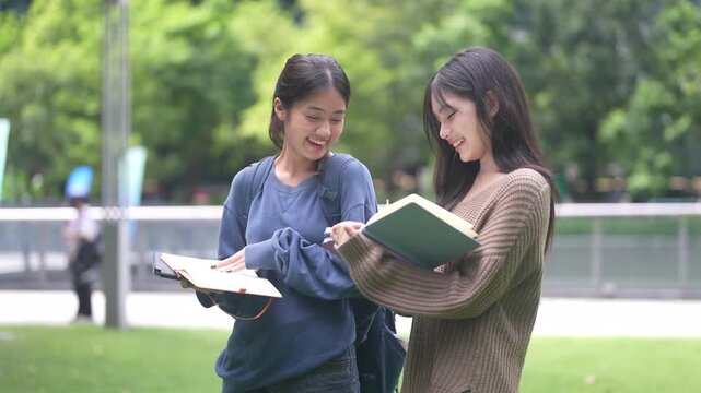 Two asian female students study together discussing homework or project in park with books at university, education concept, learning, student life friendship, knowledge sharing and academic teamwork
