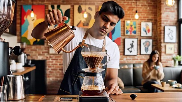 A barista steams coffee in a cafe using a pour-over method. Another patron sits in the background