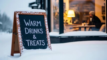 Warm drinks and treats sign in deep snow outside cafe with moving people. Winter city street scene for cozy season. - Powered by Adobe