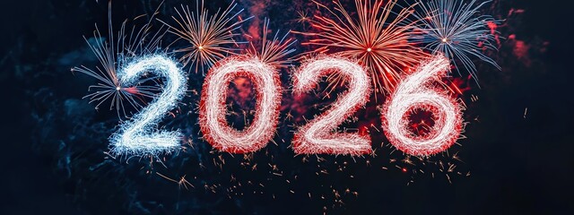 Sparkler writes 2026 with colorful fireworks lighting a dark night sky for New Year celebration and festive holiday greeting