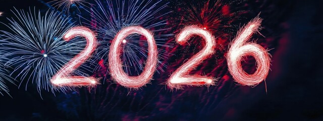 Number 2026 forming with sparklers against a backdrop of colorful fireworks, symbolizing new beginnings and celebration
