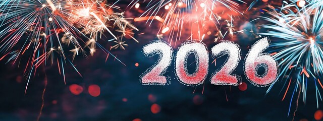 2026 in glowing numerals with bright fireworks and sparkling bokeh against a dark night sky, festive New Year celebration backdrop