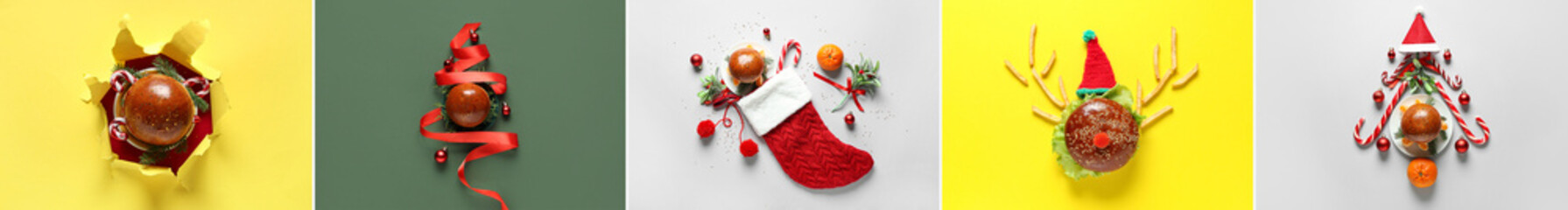 Collage of tasty burgers with Christmas decor on color background