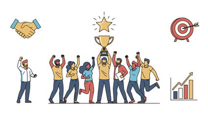 Diverse Business Team Celebrating Victory with Trophy and Success Icons