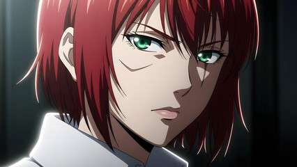 Focused Intensity: A portrait of a woman with fiery red hair and piercing green eyes, her gaze exudes determination and focus, in this dynamic visual.