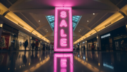 Illuminating Sale: Captivating image of a glowing neon SALE sign in a modern shopping center, casting vibrant pink hues, enticing shoppers to explore retail therapy.
