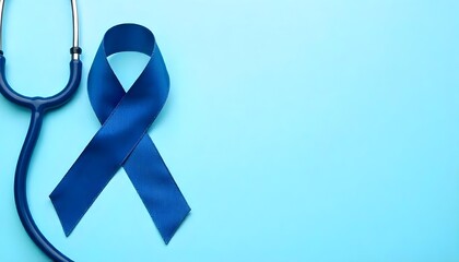 Dark blue ribbon and stethoscope on a blue background, symbolizing colorectal cancer awareness and support for patients