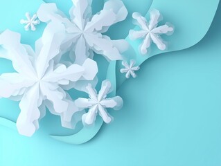 Abstract 3D Paper-Cut Snowflakes on Pastel Blue Background