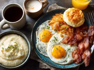 Classic Southern Breakfast with Eggs Over Easy, Grits, and Bacon