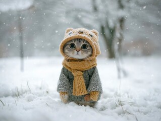 Cute Tabby Kitten Wearing Yellow Knitted Hat and Scarf in Snow