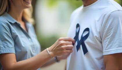 A person places a dark blue ribbon on another's shirt, symbolizing support for colorectal cancer awareness and prevention