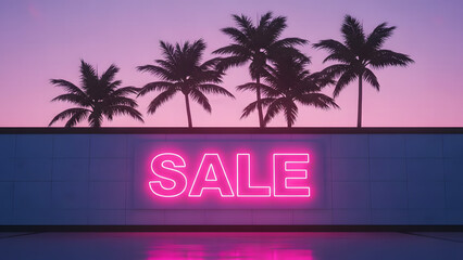 Tropical Sale: A vibrant neon sign declares 'SALE' against a backdrop of silhouettes of palm trees under a vivid sunset sky, evoking a sense of tropical allure.