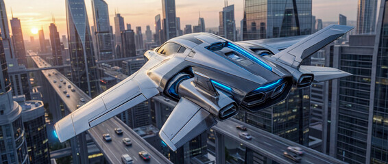 近未来の都市上空を飛行するメタリックデザインのエアカーが高速移動する未来交通コンセプト｜エアカー,未来都市,空飛ぶ車,テクノロジー,飛行