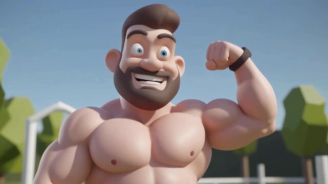Animated Muscular Man Flexing Biceps in Outdoor Park Gym.
