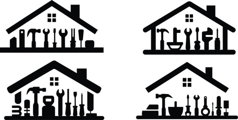 Set of four house icons with various tools inside for home repair and maintenance concepts