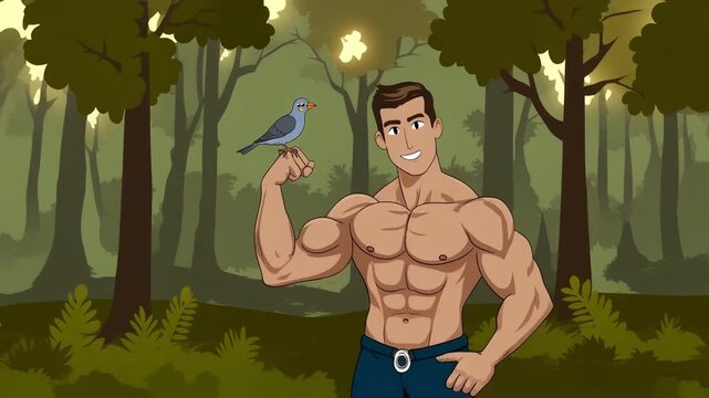 Animated Muscular Man with a Small Bird in the Forest.