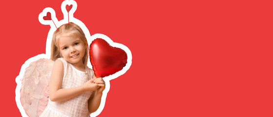 Naklejka premium Cute little girl dressed as cupid with heart-shaped balloon on red background. Valentine's Day celebration