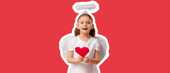 Naklejka premium Cute little girl dressed as Cupid with heart made of paper on red background. Valentine's Day celebration