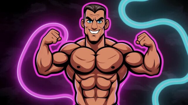 Cartoon Bodybuilder Flexing Muscles with Neon Lights.