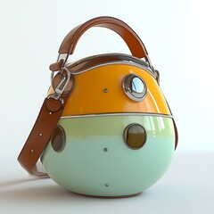 Modern,  unique,  oval-shaped handbag with a two-tone color scheme.  Features leather handles and  decorative  circular  details