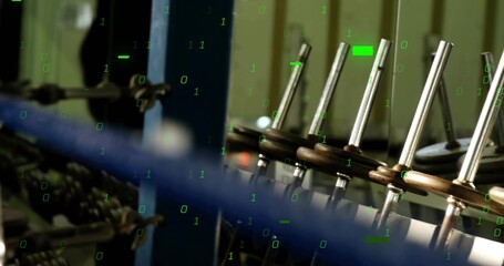 Displaying vertical valve stems with collars and screws on factory rig, blue rail overlaying binary