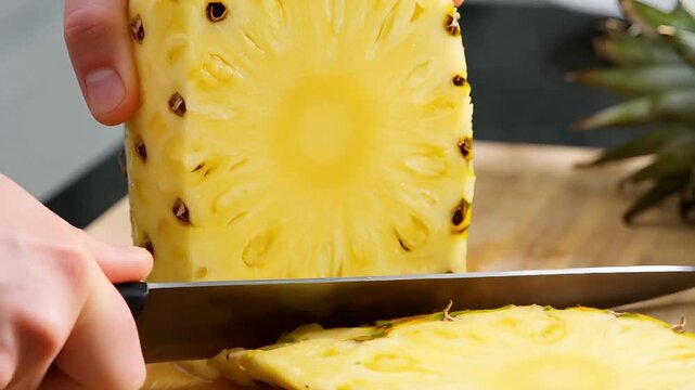 Close-up of a chef's hands using a silver knife to slice the skin off a ripe yellow pineapple on a wooden cutting board