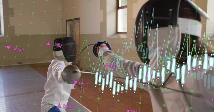 Sparring two fencers lunging and parrying in gym hall with white jackets masks swords data overlay - Powered by Adobe
