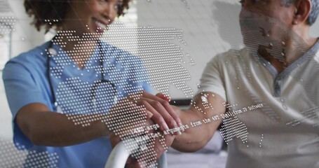 Steadying nurse aiding senior by bed blue scrubs holding white rail and stethoscope digital overlay