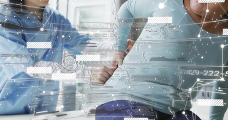 Leaning doctor with stethoscope in scrubs checking patient holding abdomen in clinic, with overlay